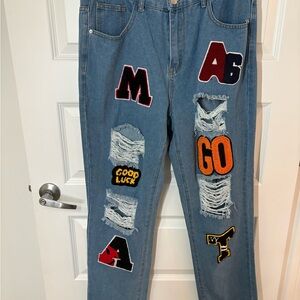 Custom Patchwork Distressed Jeans Statement Denim Size 12 14 Y2K Streetwear